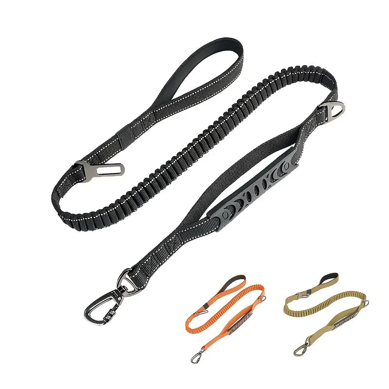 Correa de nylon reflectante multifuncional retráctil. Evita tirones y asegura a tu perro con nuestro broche de seguridad para vehículos. ¡Ideal para caminatas y viajes en coche!